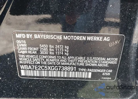 2016 BMW 740I from USA, damaged, VIN WBA7E2C5XGG738891